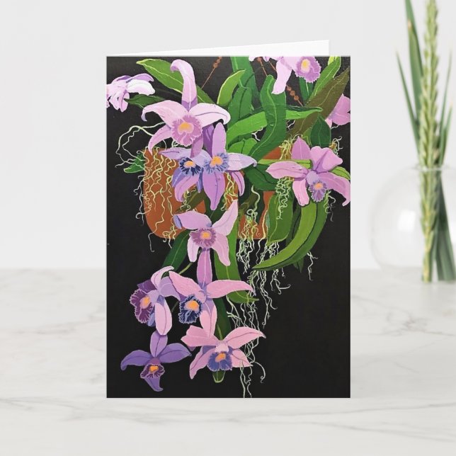 Greeting Card - Hanging Basket of Lavender Orchids (Front)