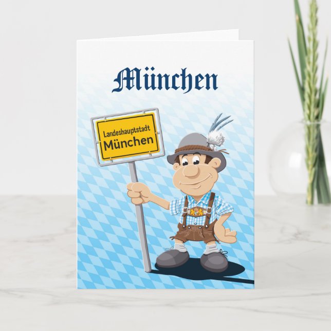 Greeting Card Happy Lederhosen Man Munich Sign (Front)