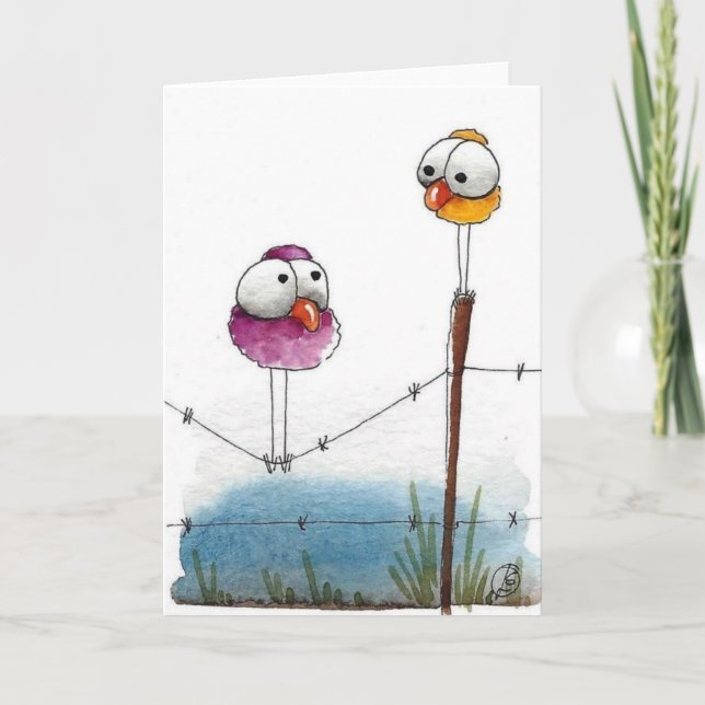 Greeting Card - On The Fence Whimsical Birds (Front)