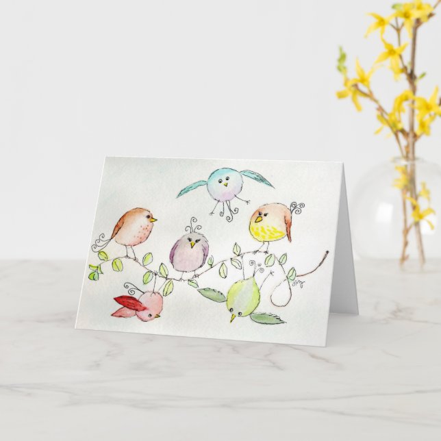 Greeting Card - Silly Little Birdies  (Yellow Flower)