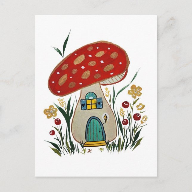 Greeting card whimsical mushroom, fairy house (Front)