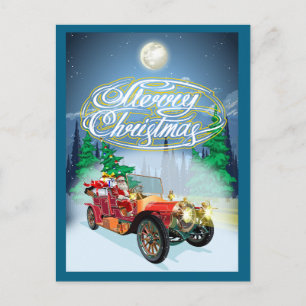 Greeting Christmas card with vintage car and Santa