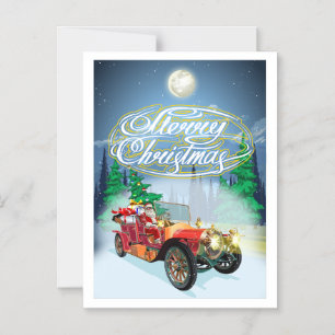 Greeting Christmas card with vintage car and Santa