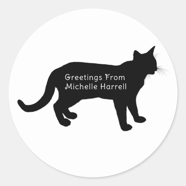 Greeting From Personalized Black Silhouette Cat Classic Round Sticker (Front)