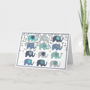 Greetings Card - Blue, Green & Grey Elephants