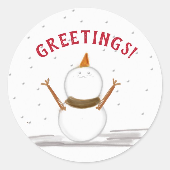 GREETINGS Falling Snow And Snowman  Classic Round Sticker (Front)