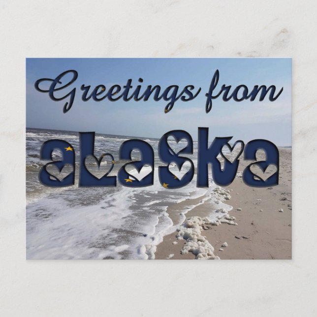 Greetings from Alaska State Flag Hearts USA Postcard (Front)