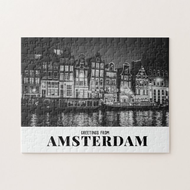 Greetings from Amsterdam Black & White Night Jigsaw Puzzle (Horizontal)