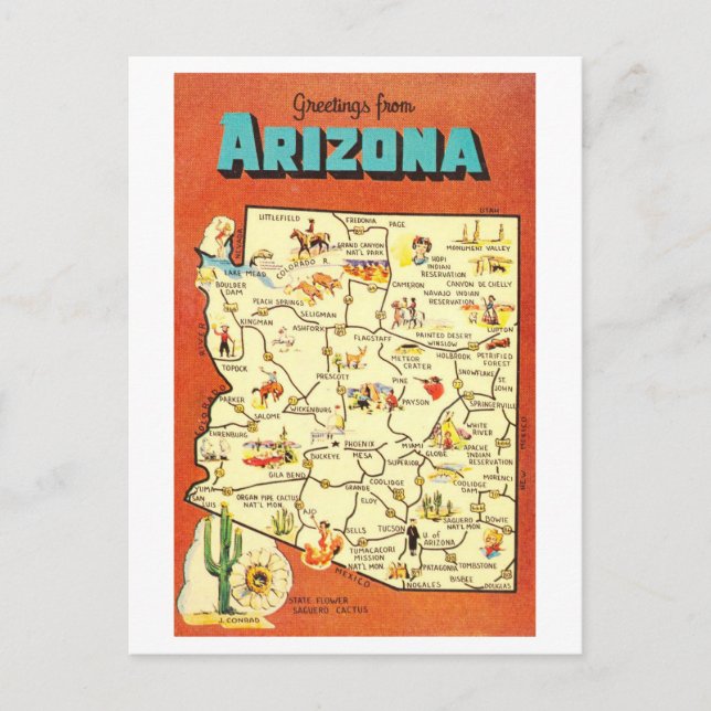 Greetings from Arizona Vintage Map Postcard (Front)