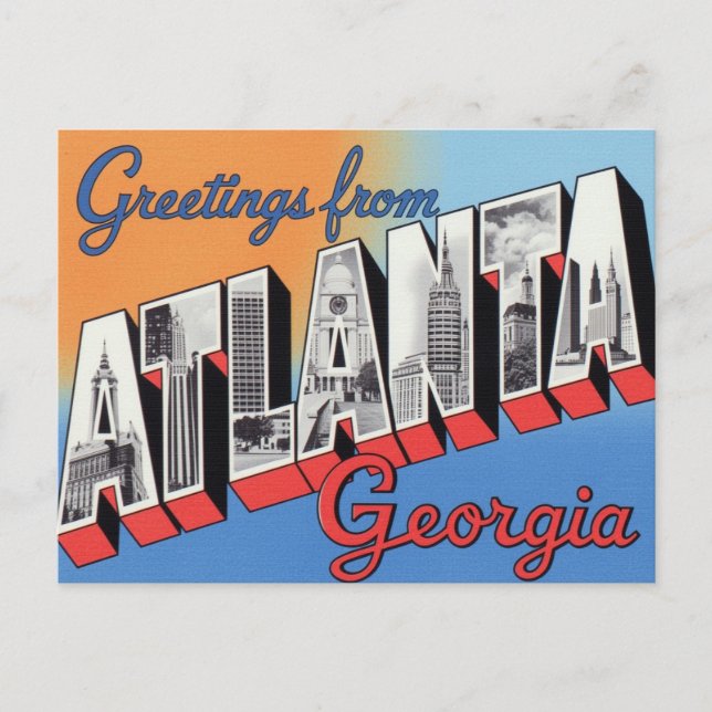 Greetings from Atlanta Georgia Vintage Skyline Postcard (Front)