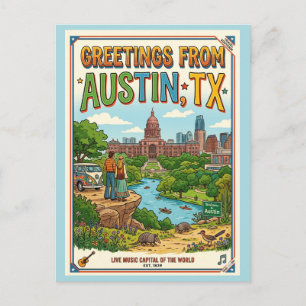 Greetings From Austin TX Retro Colourful Postcard