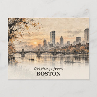 Greetings from Boston Ink Wash Postcard