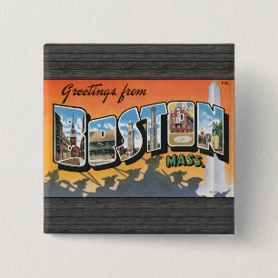 Greetings From Boston Mass., Vintage 2 Inch Square Button