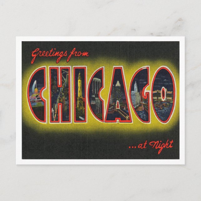 Greetings from Chicago at Night, Illinois Postcard (Front)