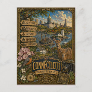 Greetings From Connecticut   Vintage Retro Art Postcard