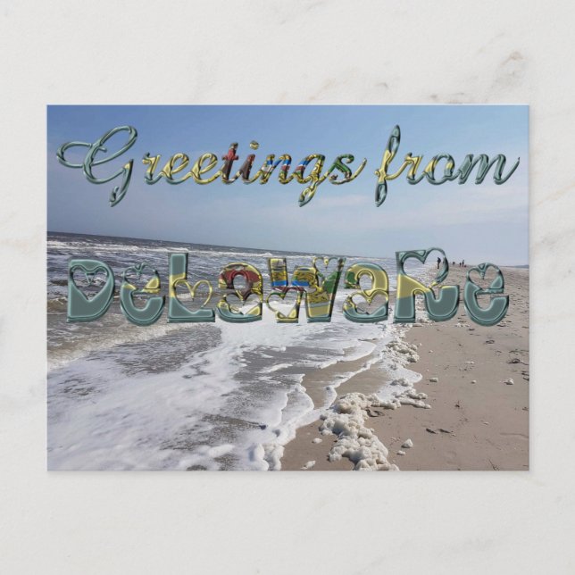 Greetings from Delaware State Flag Hearts USA Postcard (Front)