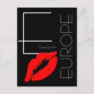 Greetings from Europe Red Lipstick Kiss Black Postcard