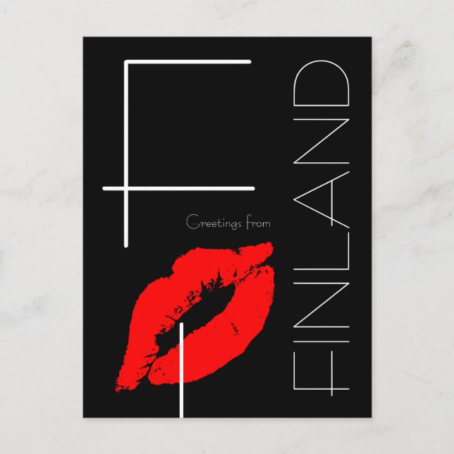 Greetings from Finland Red Lipstick Kiss Black Postcard (Front)