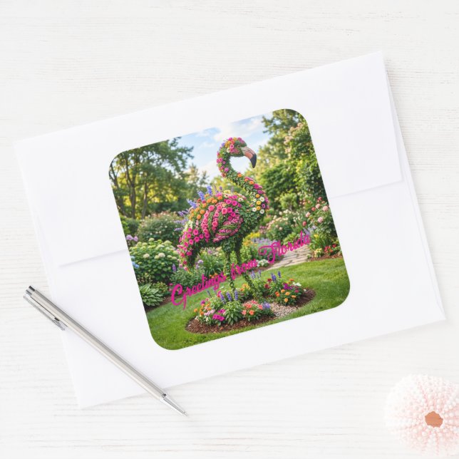 Greetings from Florida Tropical Flamingo Topiary Square Sticker (Envelope)