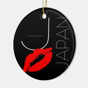 Greetings from Japan Red Lipstick Kiss Black Ceramic Ornament