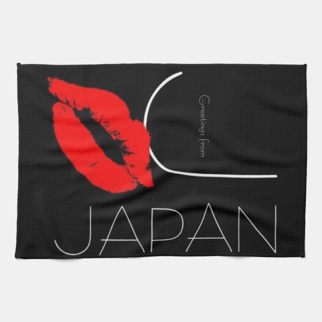Greetings from Japan Red Lipstick Kiss Black Kitchen Towel (Horizontal)