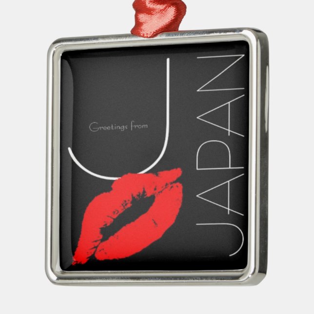 Greetings from Japan Red Lipstick Kiss Black Metal Ornament (Left)