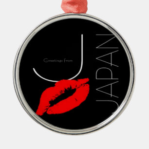 Greetings from Japan Red Lipstick Kiss Black Metal Ornament