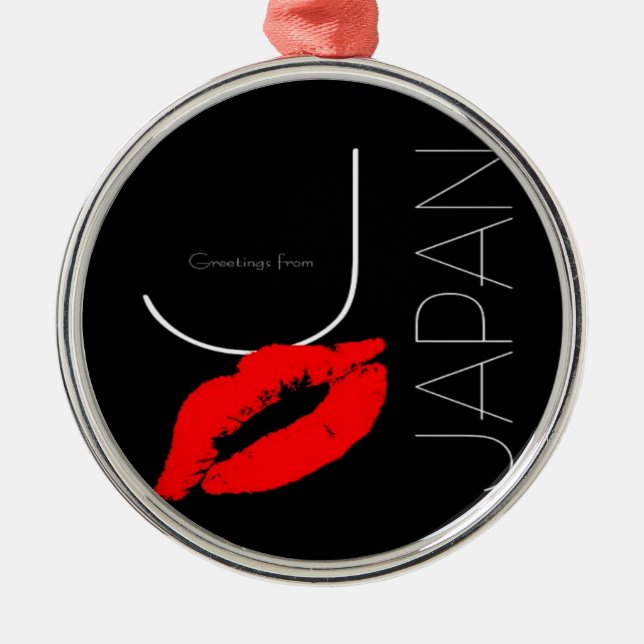 Greetings from Japan Red Lipstick Kiss Black Metal Ornament (Front)