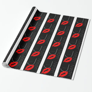 Greetings from Japan Red Lipstick Kiss Black Wrapping Paper