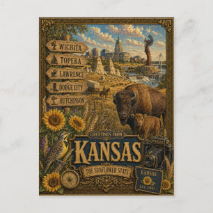 Greetings From Kansas Vintage Retro Art Postcard