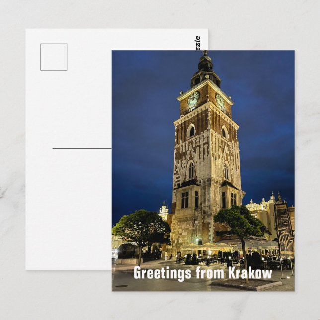 Greetings from Krakow Town Hall Tower Night Poland Postcard (Front/Back)
