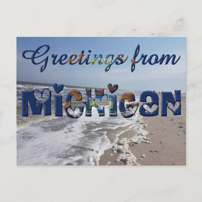 Greetings from Michigan State Flag Hearts USA Postcard (Front)