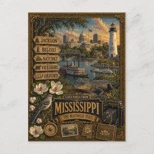 Greetings From Mississippi   Vintage Retro Art Postcard