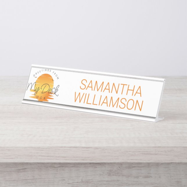 Greetings From My Desk Sunset on Water Desk Name Plate (Front)