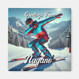 Greetings from Nagano Japan Dabbing Skier Postcard Magnet
