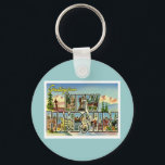 Greetings From New Hampshire Keychain<br><div class="desc">Greetings From New Hampshire NH State USA Vintage America States and City nostalgic colourful illustrations of old-time elegant hotels and luxurious resorts from around the world. Our collection of artwork visits tourists destinations from Old time travel posters and luggage labels present lush landscapes, soaring city and exotic scenery of worldwide...</div>