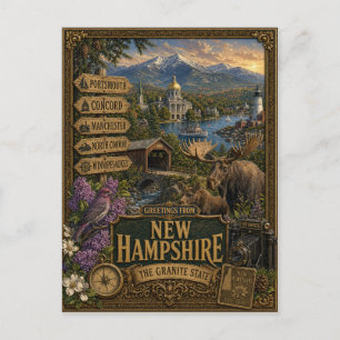 Greetings From New Hampshire   Vintage Retro Art Postcard