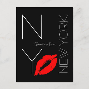 Greetings from New York Red Lipstick Kiss Black Postcard