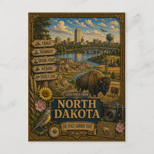 Greetings From North Dakota   Vintage Retro Art Postcard