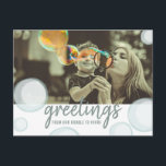 Greetings From Our Bubble Social Distancing Photo Postcard<br><div class="desc">Bubble themed quarantine social distancing with custom photo.  Front says,  "Greetings from our bubble to yours."  Personalize the back with a message.</div>