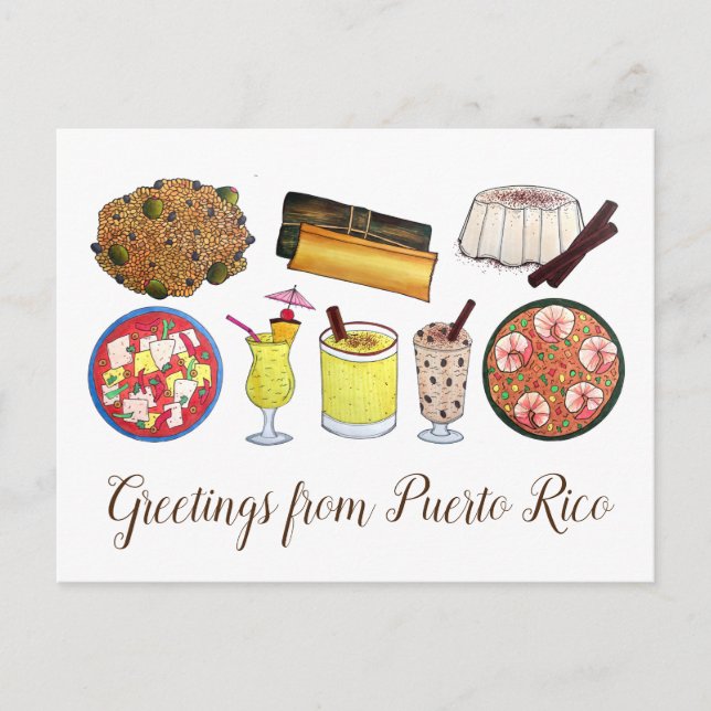 Greetings from Puerto Rico Carribean Island Foods Postcard (Front)