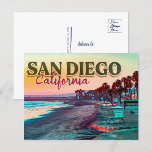 Greetings from San Diego Ca Watercolor Sunset 60s Postcard
