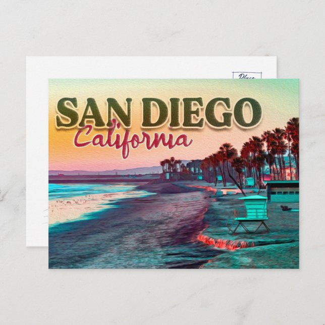 Greetings from San Diego Ca Watercolor Sunset 60s Postcard (Front/Back)