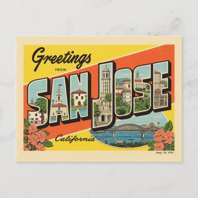 "Greetings from" San Jose California Postcard (Front)