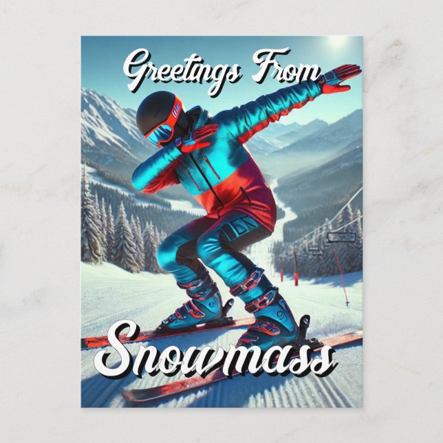 Greetings from Snowmass Dabbing Skier Postcard (Front)