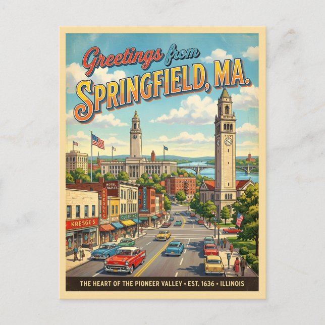 Greetings From Springfield MA Vintage Style Postcard (Front)