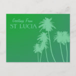 Greetings From St Lucia postcard<br><div class="desc">Greetings From St Lucia postcard featuring faded exotic jade green background with palm tree graphic silhouette. All I need now is a rum & Cola</div>