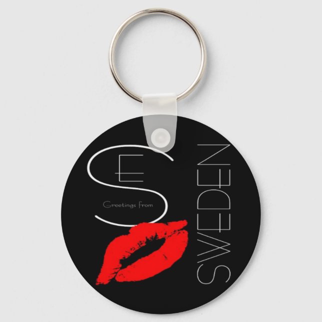 Greetings from Sweden Red Lipstick Love Kiss Black Keychain (Front)