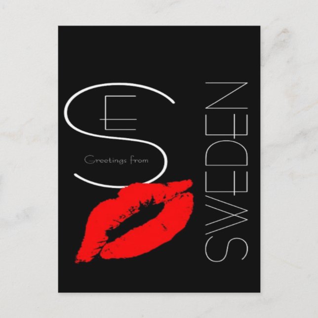 Greetings from Sweden Red Lipstick Love Kiss Black Postcard (Front)