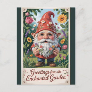 "Greetings from the Enchanted Garden" Gnome  Holiday Postcard